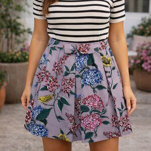 Boden Multicolor Floral Bird Print A-Line Skirt Size 8R Pleated Women's Retro